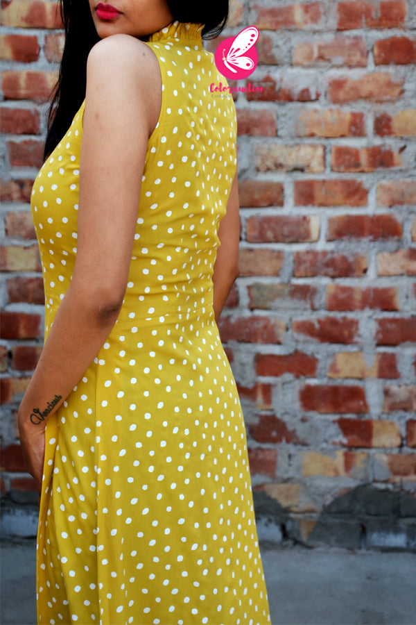 Mustard Yellow Rayon Polka Dots Front Slit Sleeveless Kurti