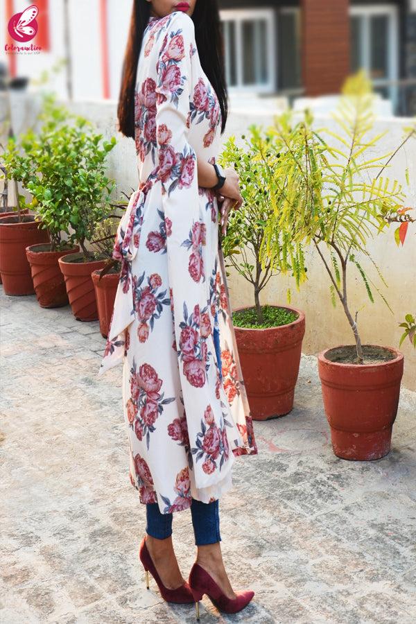 Light Cream Crepe  Printed Floral Shrug