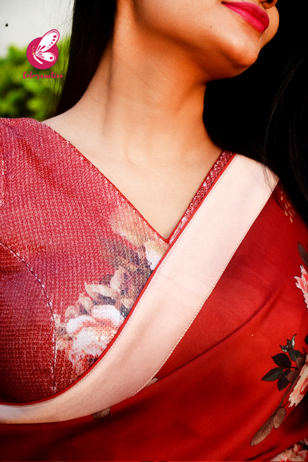 Maroon Red Printed Floral Motifs Satin Saree