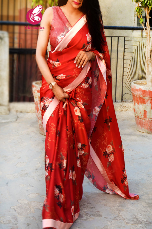 Maroon Red Printed Floral Motifs Satin Saree