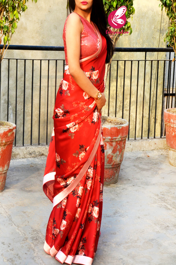 Maroon Red Printed Floral Motifs Satin Saree