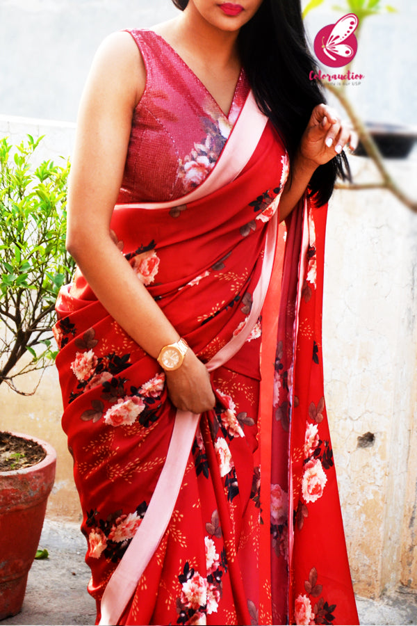Maroon Red Printed Floral Motifs Satin Saree