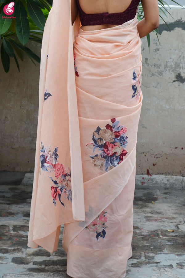 Peach Organdy Applique Floral Saree