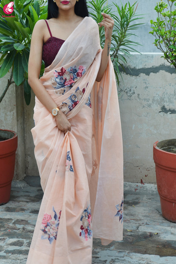 Peach Organdy Applique Floral Saree