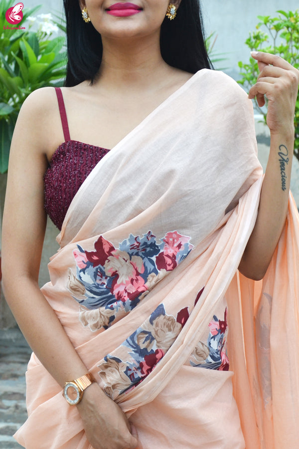 Peach Organdy Applique Floral Saree