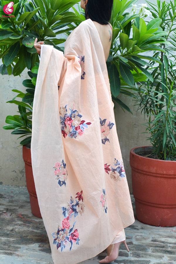 Peach Organdy Applique Floral Saree