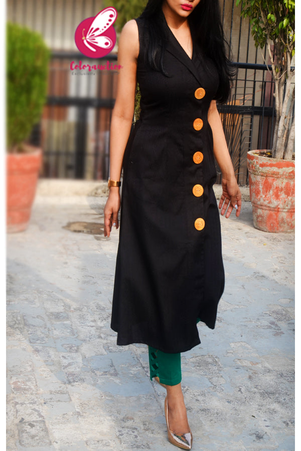 Black Dobby Sleeveless Kurti with Green Cotton Silk Pants Kurti Set
