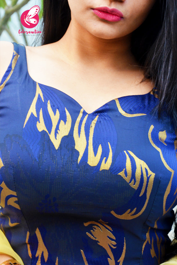 Blue Golden Brocade Padded Strappy Kurti With Golden Organza Sharara and Golden Organza Three-Tier Ruffle Stole Kurti Set