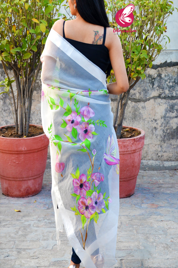 Off White Multicoloured Bird Floral Pure Organza Stole