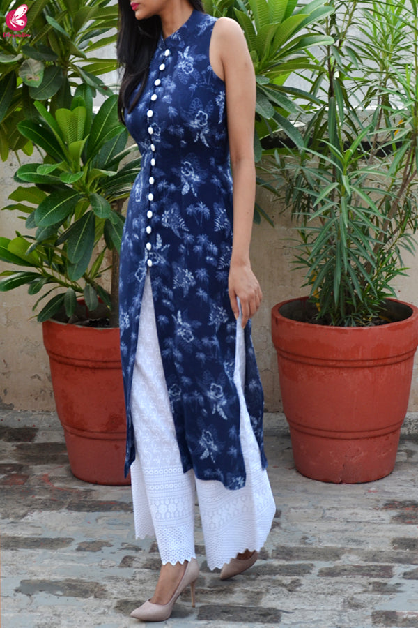 Blue Tropical Print Modal Rayon Kurti