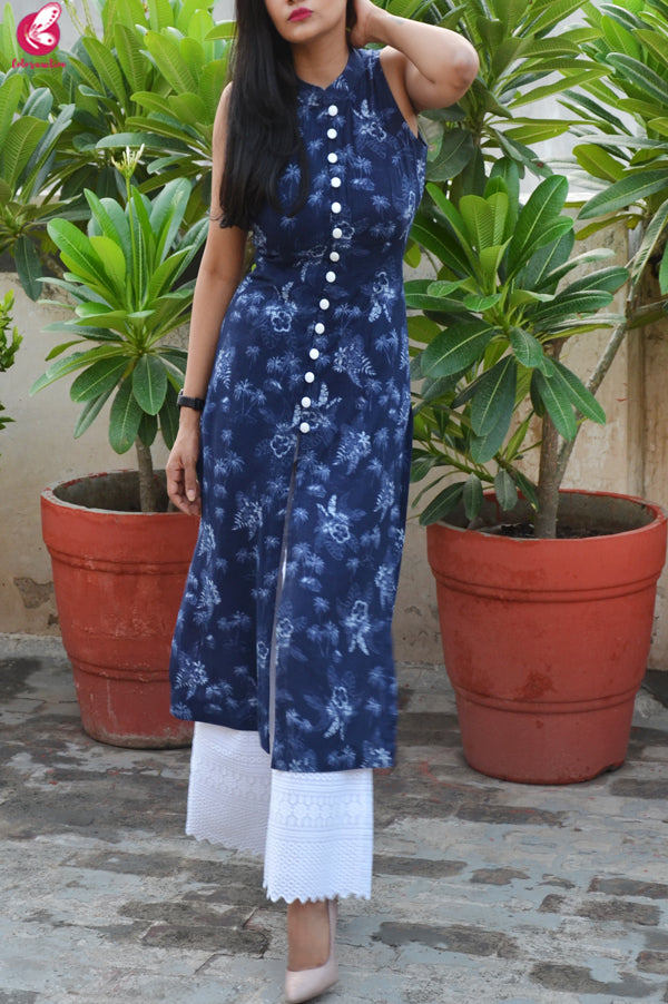Blue Tropical Print Modal Rayon Kurti