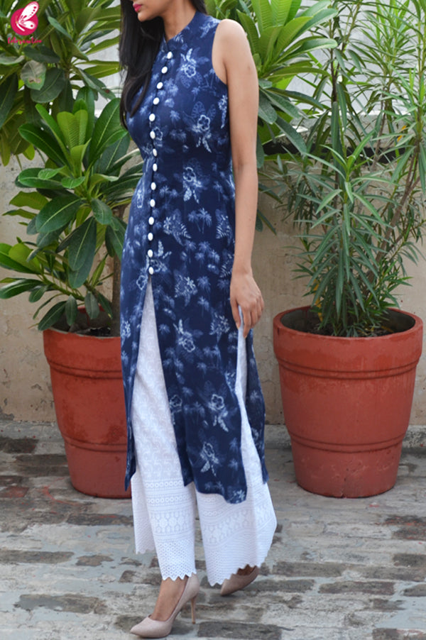 Blue Tropical Print Modal Rayon Kurti with White Chikankari Full Lining Cotton Palazzo