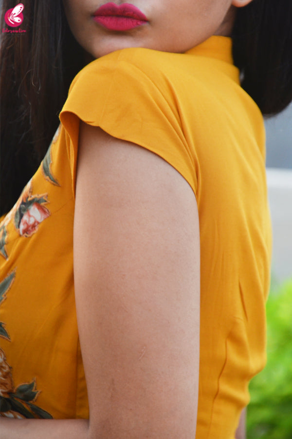 Mustard Modal Rayon Cap Sleeves Patch Work Kurti