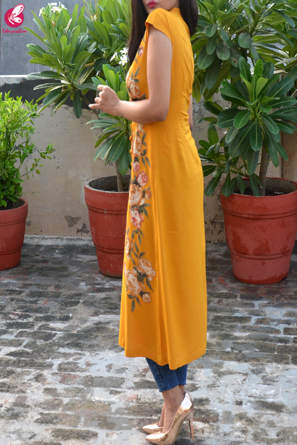 Mustard Modal Rayon Cap Sleeves Patch Work Kurti