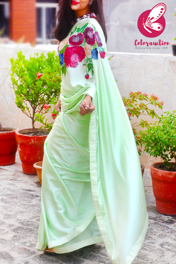 Light Pista Green Hand-painted Satin Floral Dupion Taping Saree