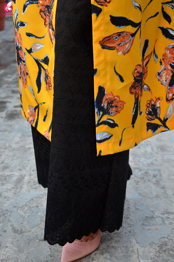Mustard Yellow Printed Crepe Kurta with Black Lakhnawi Palazzo