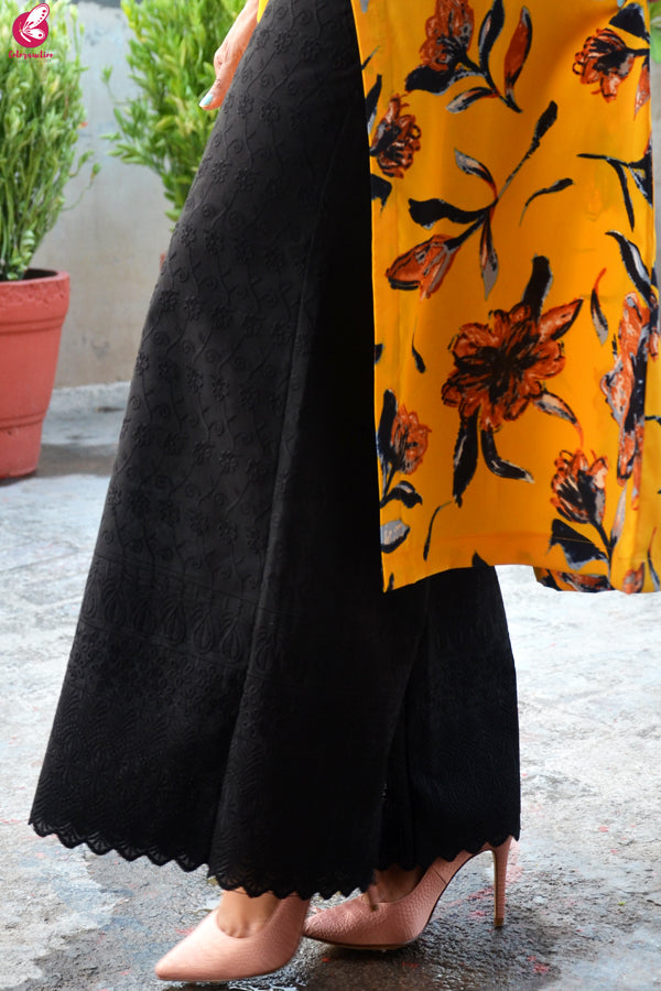Mustard Yellow Printed Crepe Kurta with Black Lakhnawi Palazzo