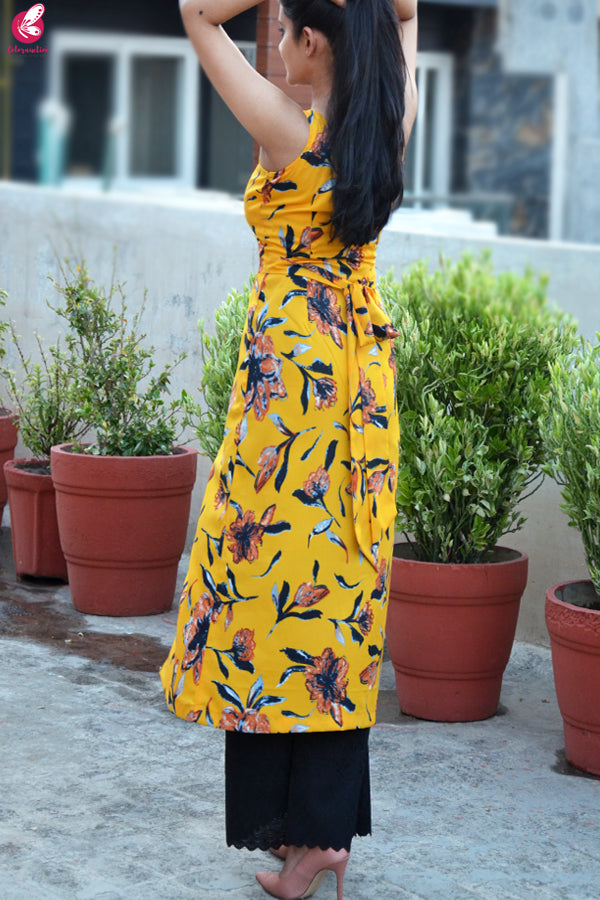 Mustard Yellow Printed Crepe Kurta with Black Lakhnawi Palazzo