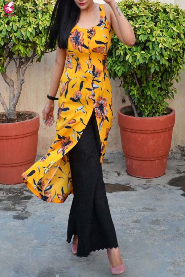 Mustard Yellow Printed Crepe Sleeveless Kurti with Front Slit