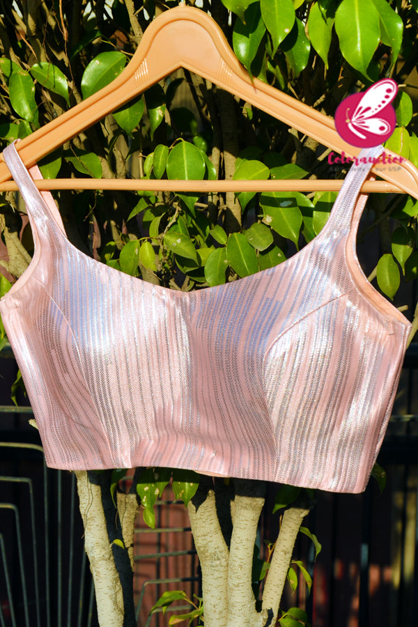 Peach-Pink & Silver Crepe Padded Strappy Backless Blouse