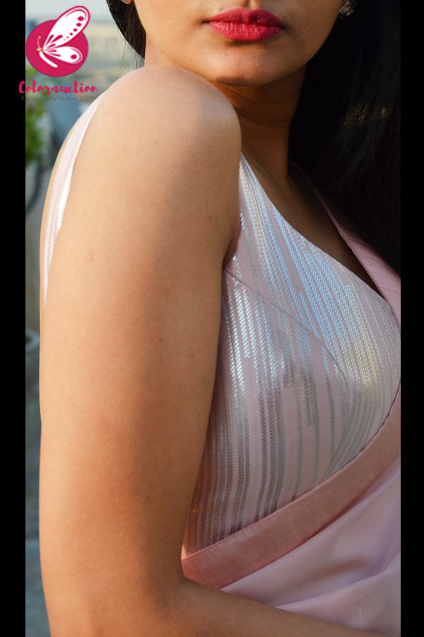 Peach-Pink &amp; Silver Crepe Padded Strappy Backless Blouse