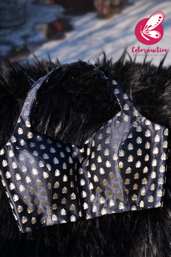 Black & Golden Motifs Brocade Halter Neck Padded Backless Blouse