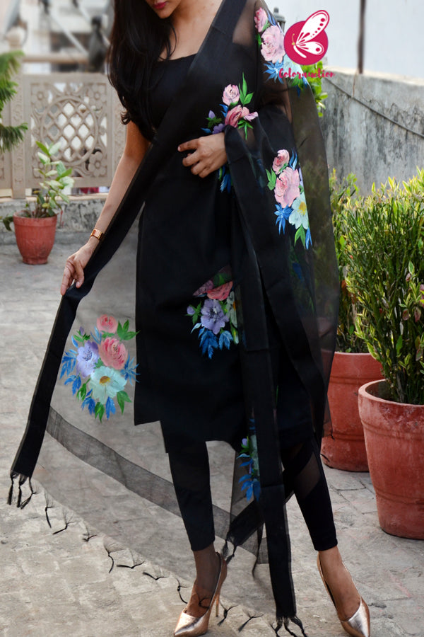 Black Multicoloured Floral Pure Organza Stole