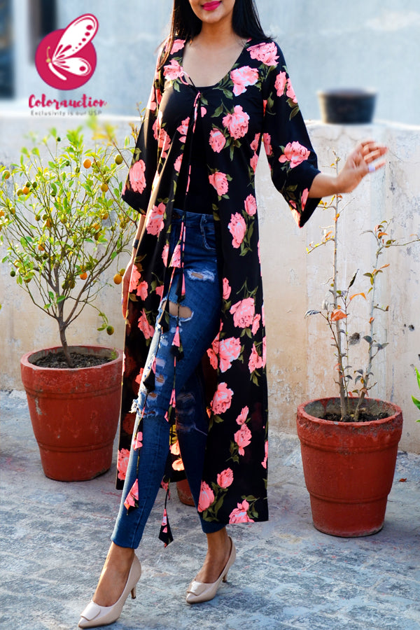 Black Printed Crepe Neon Pink Floral Long Shrug