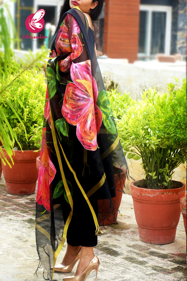 Black Pure Organza Pink Hibiscus Hand painted Stole