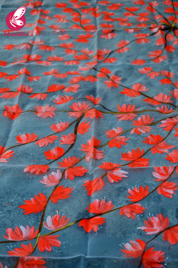 White Organza Hand-painted Neon Orange Stole