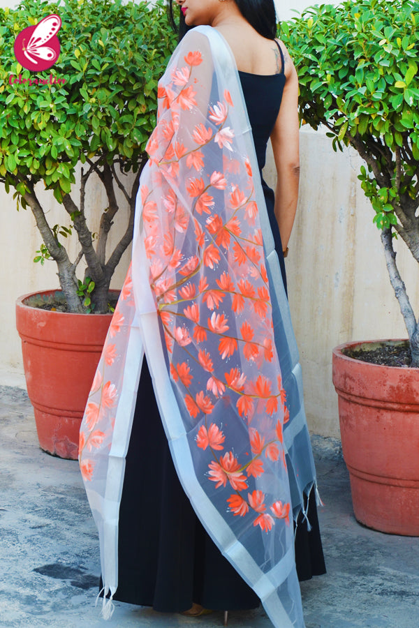 White Organza Hand-painted Neon Orange Stole