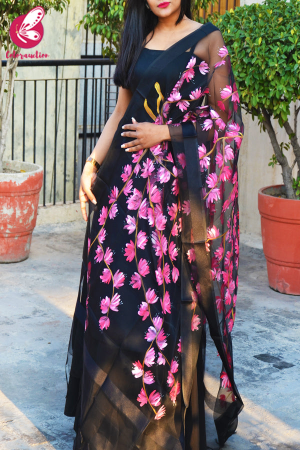 Black Organza Handpainted Neon Pink Stole