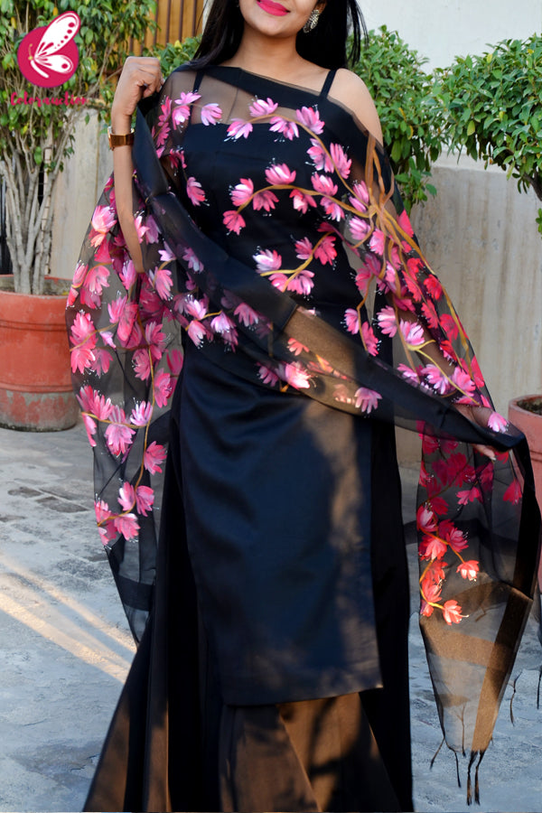 Black Organza Handpainted Neon Pink Stole