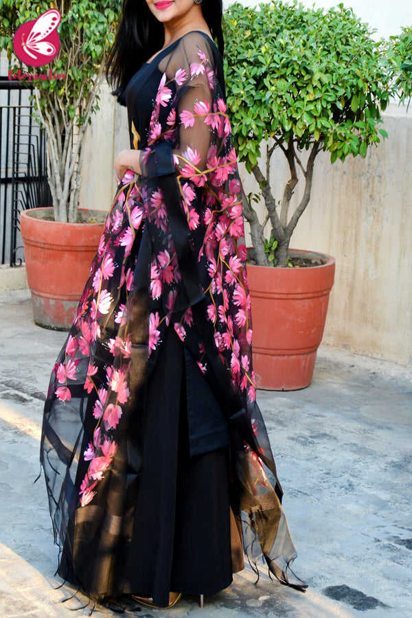 Black Organza Handpainted Neon Pink Stole