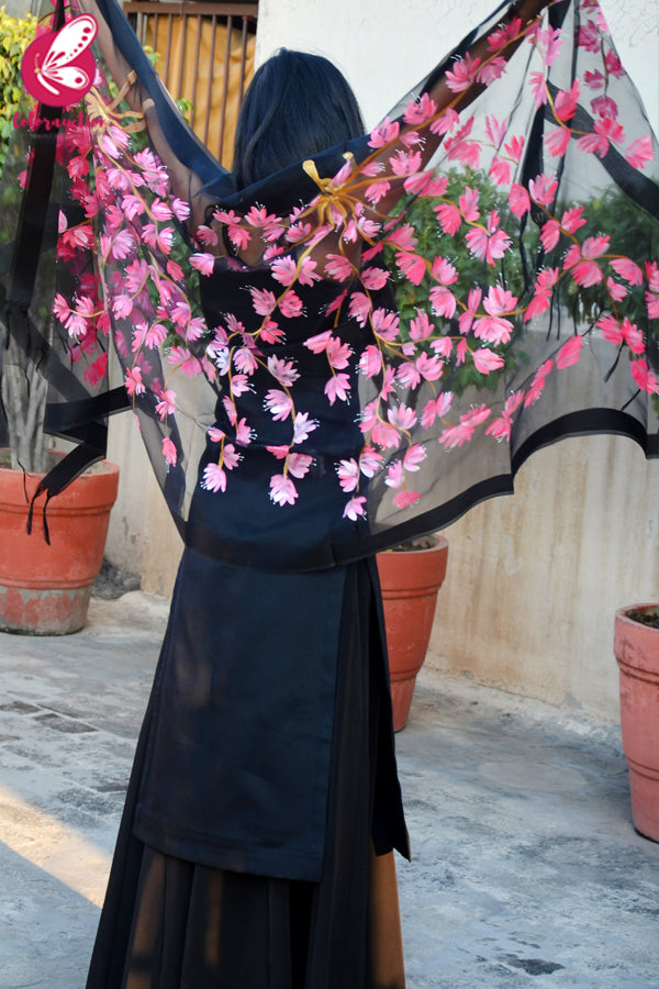 Black Organza Handpainted Neon Pink Stole