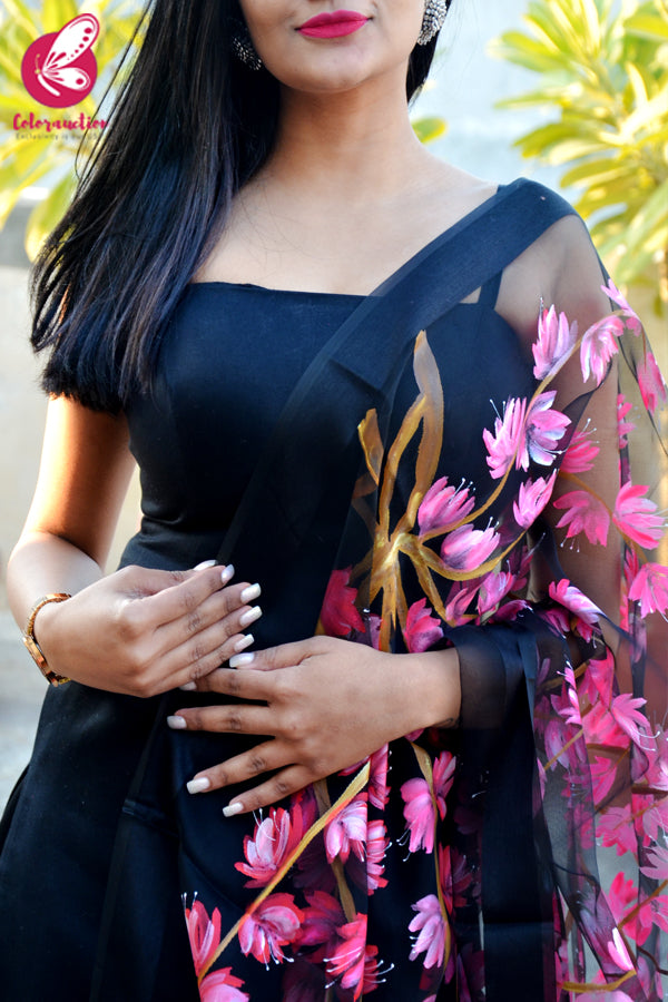 Black Organza Handpainted Neon Pink Stole