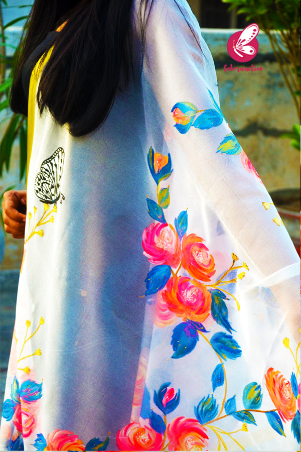 White Organza Hand painted Neon Colorful Floral Butterfly Stole