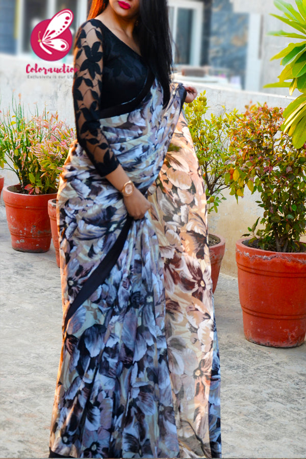 Printed Light Brown Chiffon Black Satin Taping Saree