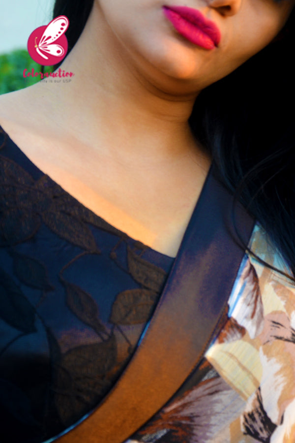 Printed Light Brown Chiffon Black Satin Taping Saree