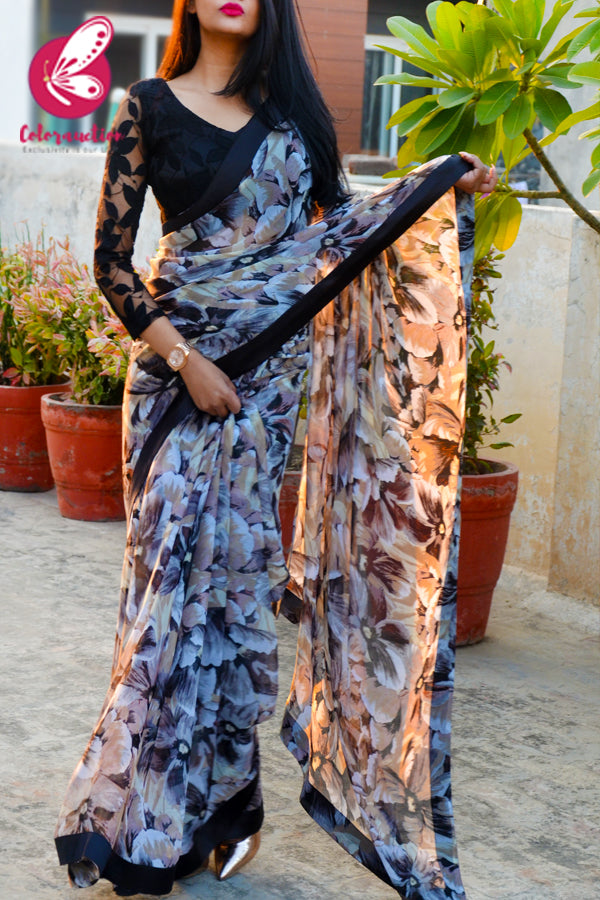 Printed Light Brown Chiffon Black Satin Taping Saree