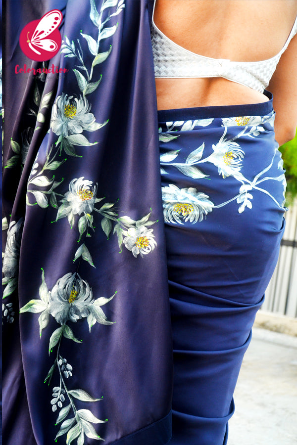 Blue Roses Hand-painted Satin Dupion Taping Saree