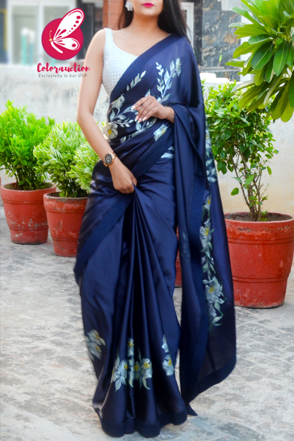 Blue Roses Hand-painted Satin Dupion Taping Saree