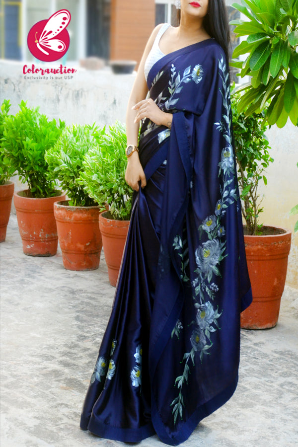Blue Roses Hand-painted Satin Dupion Taping Saree