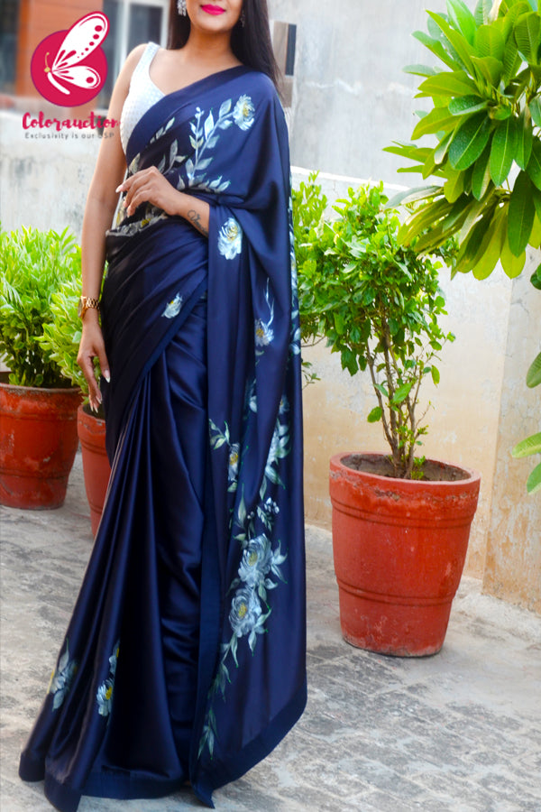 Blue Roses Hand-painted Satin Dupion Taping Saree