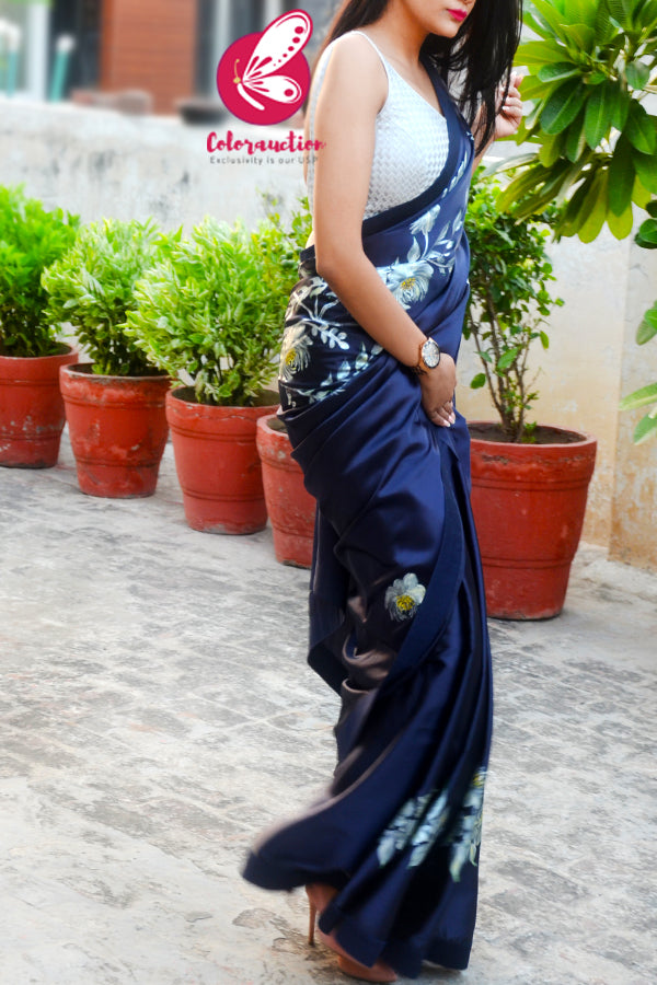 Blue Roses Hand-painted Satin Dupion Taping Saree