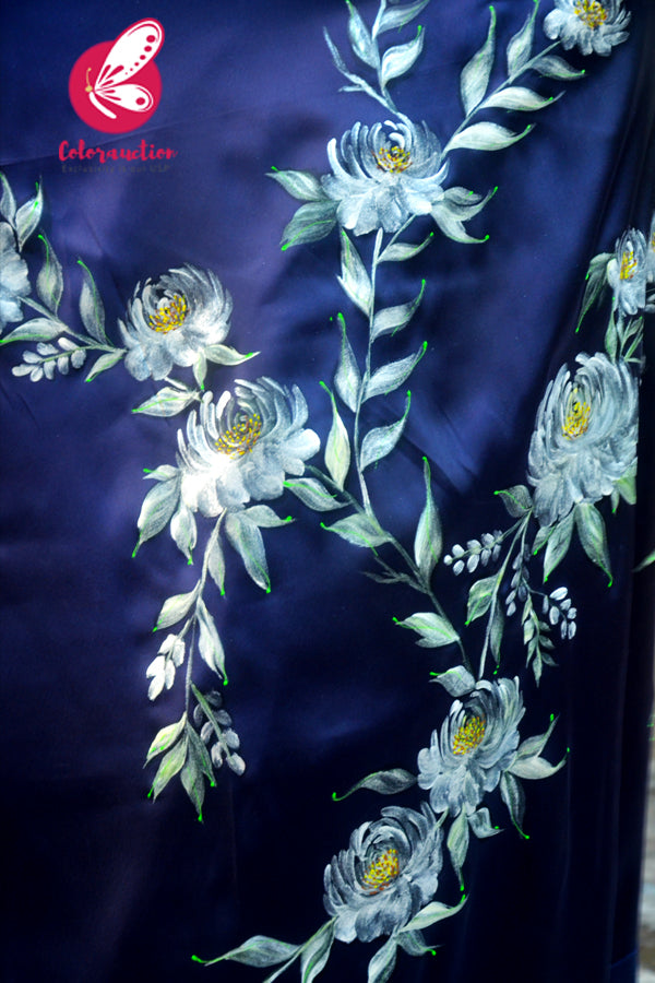 Blue Roses Hand-painted Satin Dupion Taping Saree