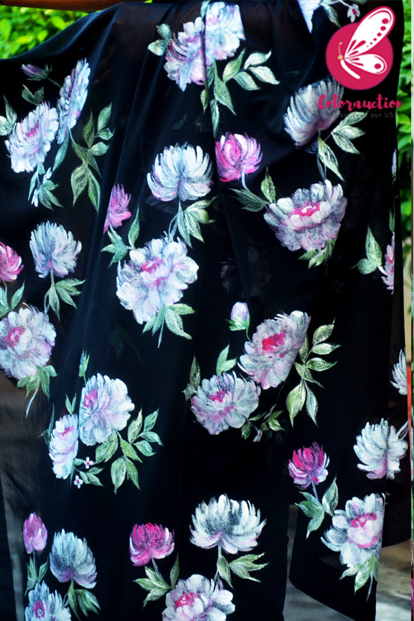 Black Net Floral Handpainted Multicoloured Dupion Silk Taping Saree