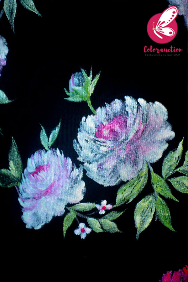Black Net Floral Handpainted Multicoloured Dupion Silk Taping Saree
