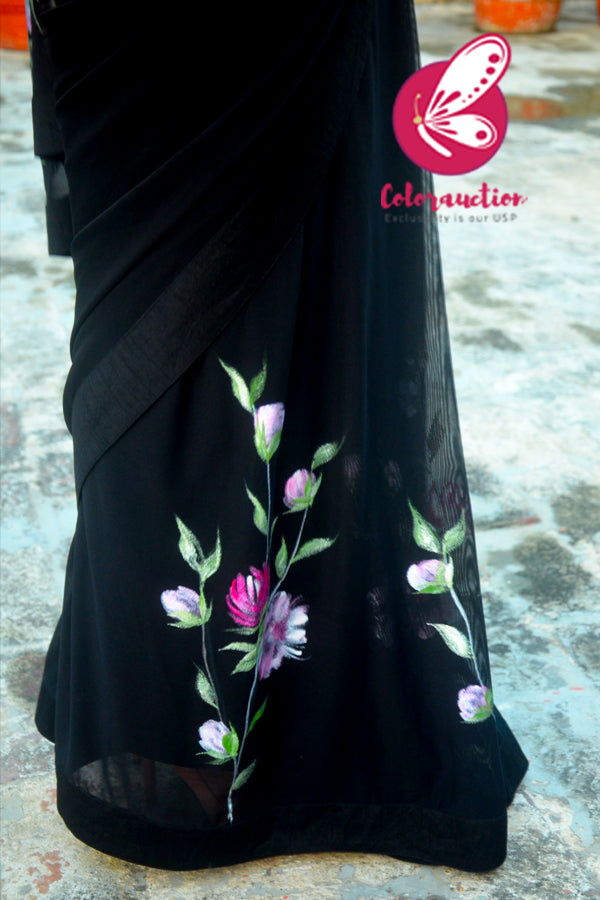 Black Net Floral Handpainted Multicoloured Dupion Silk Taping Saree