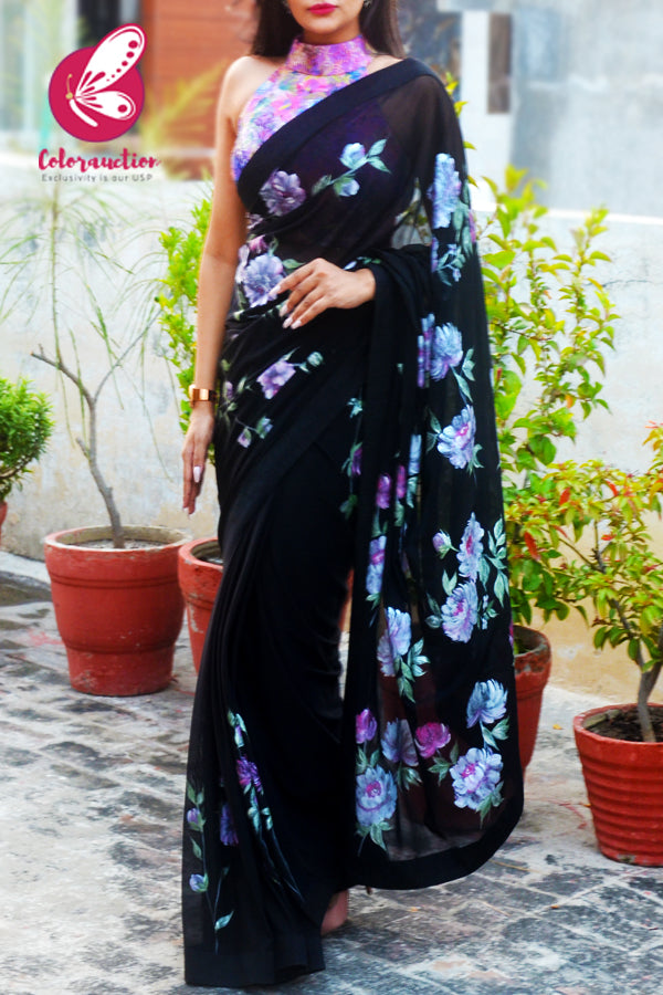 Black Net Floral Handpainted Multicoloured Dupion Silk Taping Saree